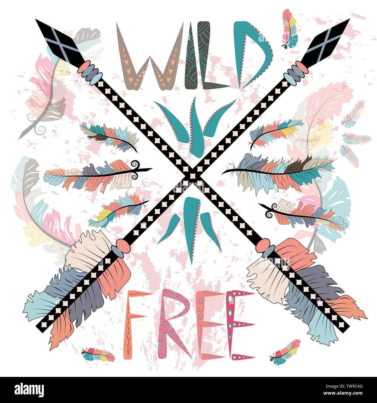 colorful illustration with crossed ethnic arrows, feathers and tribal ...