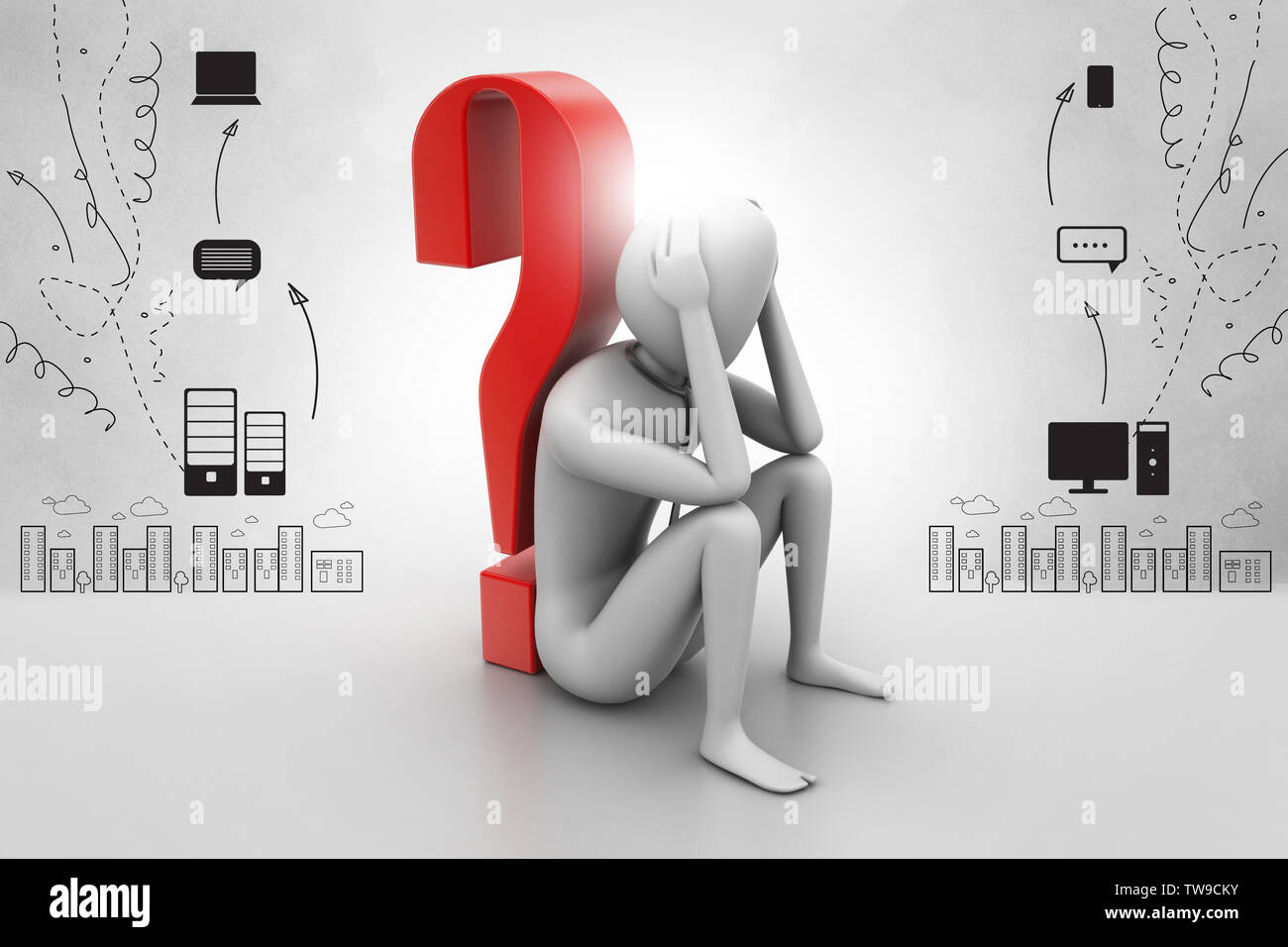 3d man sitting near the question mark Stock Photo - Alamy