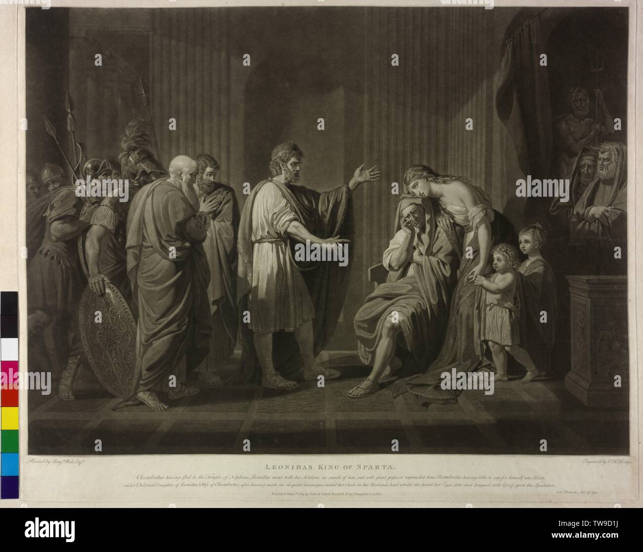Leonidas II, King of Sparta, finding his son-in-law Kleombrotos II in the sainthood Poseidon and donate him on intercession of his daughter Chilonis the livings. mezzotint by Charles Howard Hodges based on a painting by Benjamin West, Additional-Rights-Clearance-Info-Not-Available Stock Photo