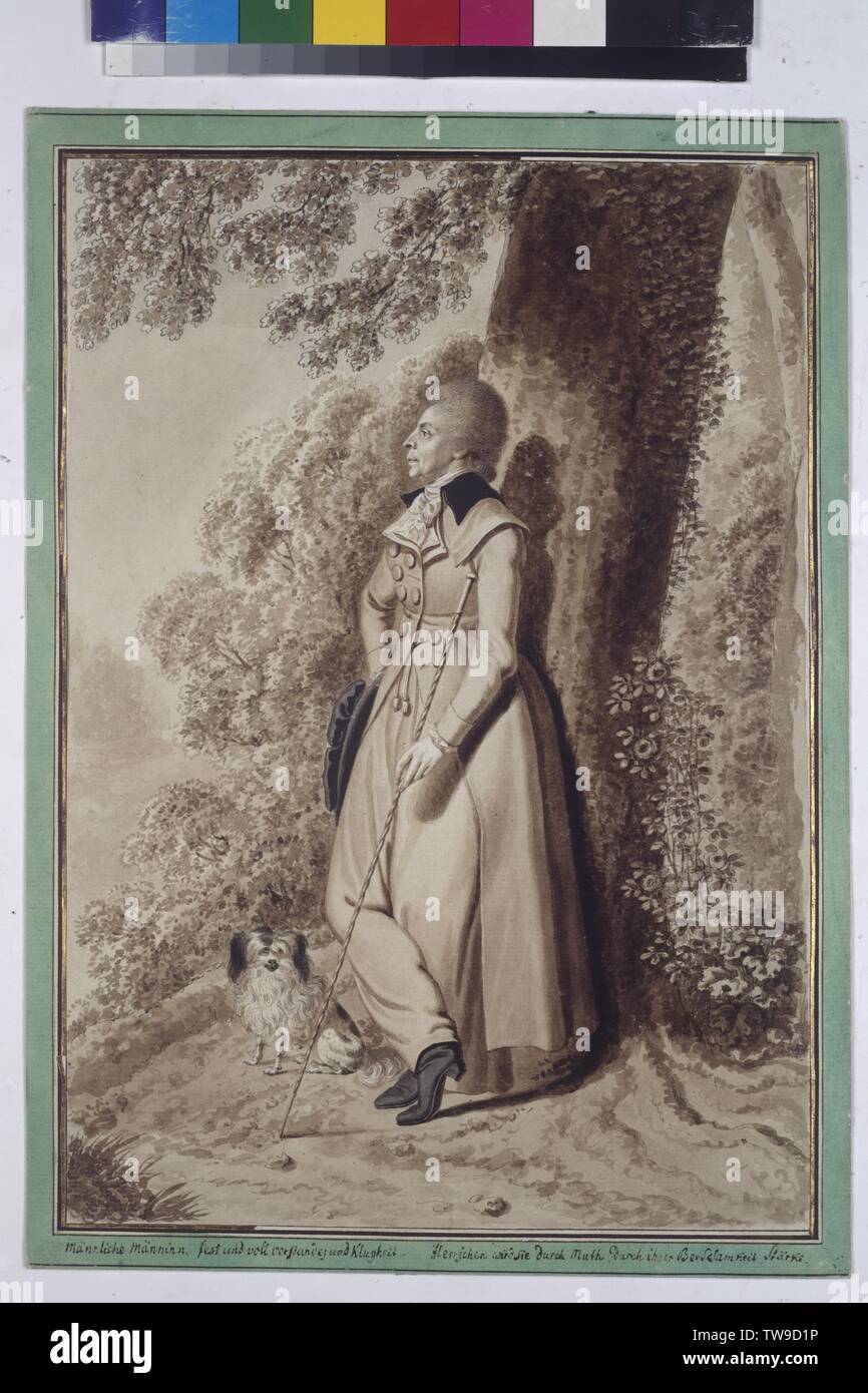 Isabella von Wartensleben, covering colours over pencil on cardboard, clad on cardboard box, full-length, standing, profile lefthand, resting at a tree, folded legs, hiking stick on the right, in gentlemen's cloak and pantskirt. aside panel truck dog. gold edge, painted in watercolors fringe, Additional-Rights-Clearance-Info-Not-Available Stock Photo