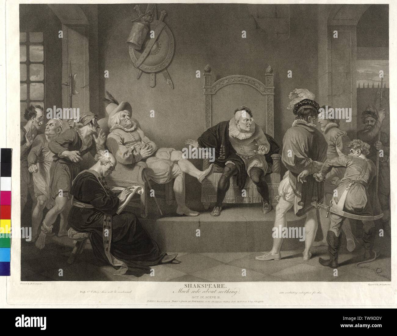 William Shakespeare: Much Ado About Nothing, production design, act IV, scene II, in the prison of Messina: Konrad and his ally Borachio turning in front of Constable Dogberry and Verges taxes. The court reporter Seacoal sitting in the foreground and power yourself annotation engraving in stippling by John Ogborne based on painting by Robert Smirke, sheet from the Shakespeare-Gallery von John Boydell, Additional-Rights-Clearance-Info-Not-Available Stock Photo
