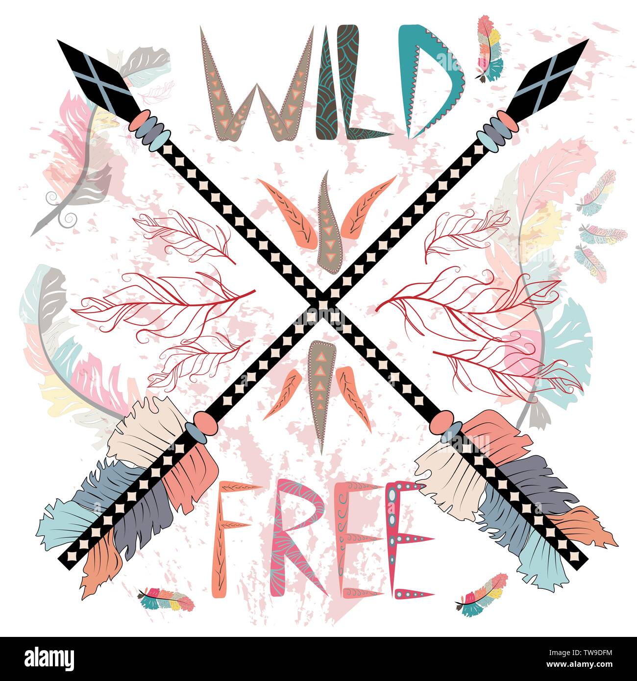 colorful illustration with crossed ethnic arrows, feathers and tribal ...