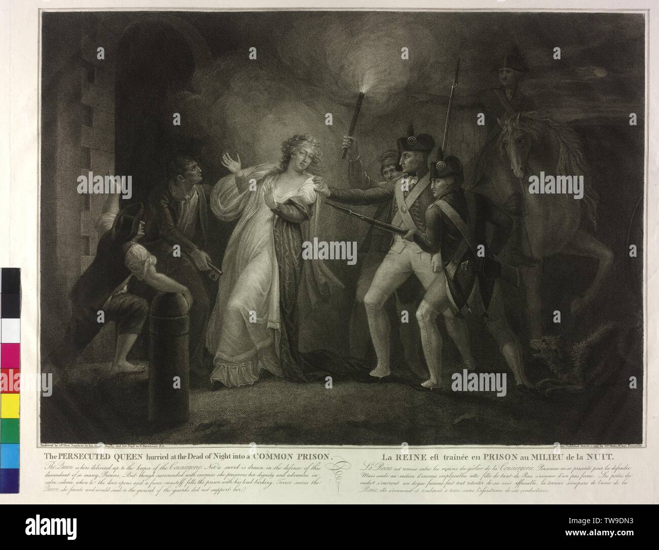 C8 Sur Les Pas De Marie The Queen of France Marie Antoinette is in the night in the prison carried,  etching / stippling by Mariano Bovi to Domenico Pellegrini (?) part of a  series "A graphic history of