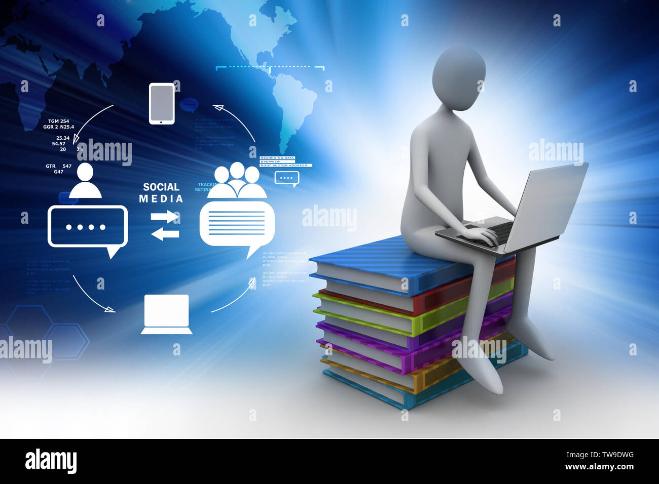 3d man sitting on books and working at his laptop Stock Photo - Alamy