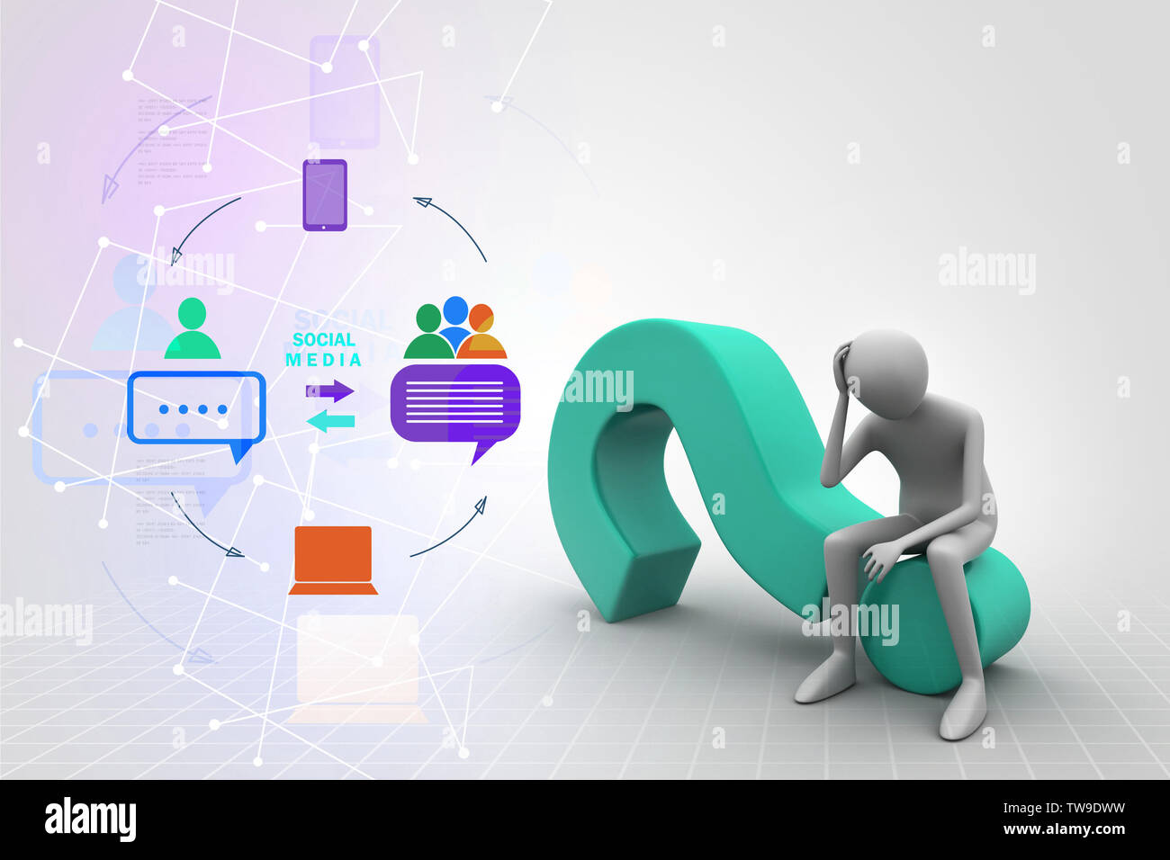 3d man sitting on the question mark Stock Photo - Alamy