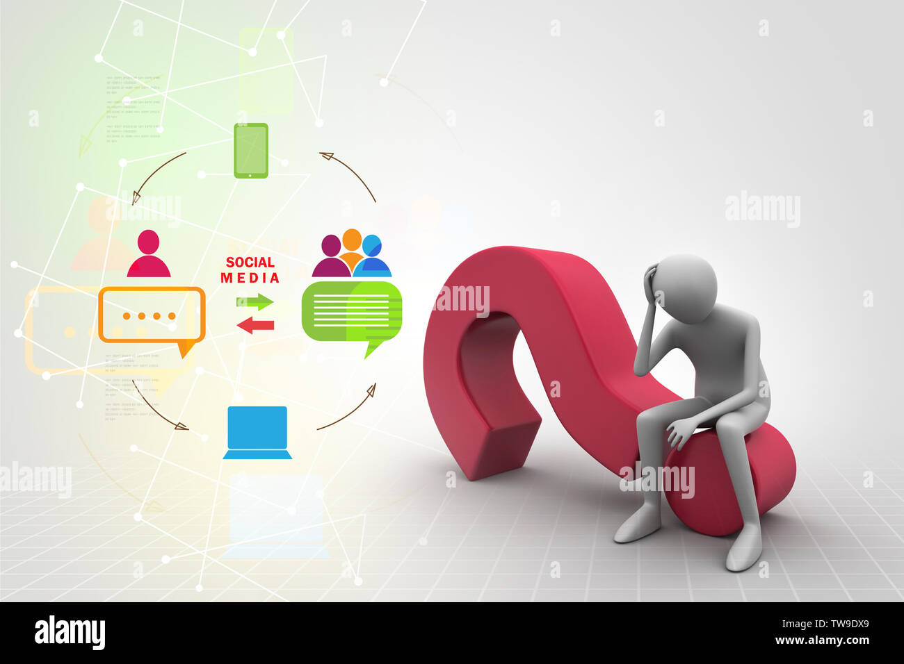 3d man sitting on the question mark Stock Photo - Alamy