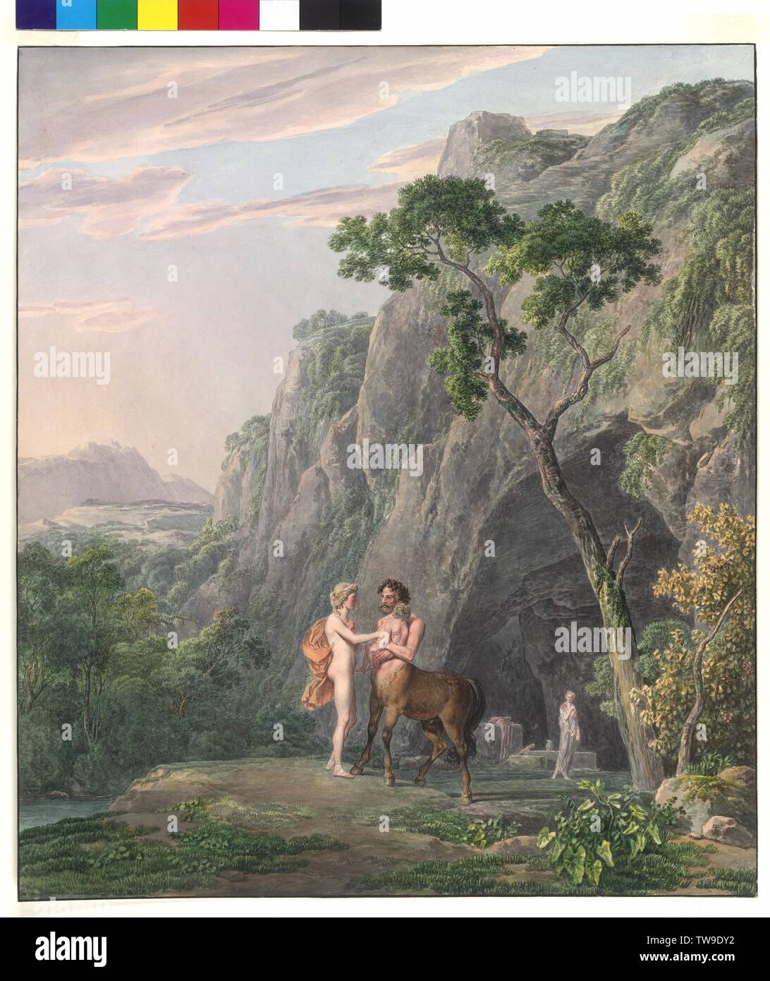 Thetis giving her son Achilles to the centaurs Chiron for education, scene from the mythology, in craggy wooded landscape watercolour above pen drawing by Peter Simon Holzschuher, on the reverse side connote 'Simon Klotz' and dated 1796, Additional-Rights-Clearance-Info-Not-Available Stock Photo