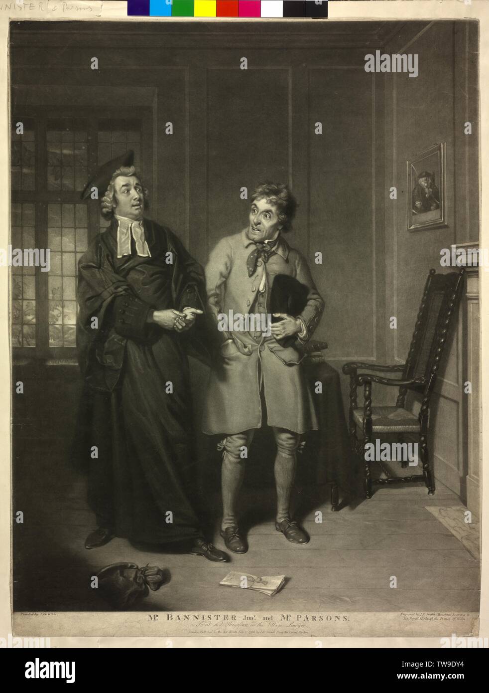 John Bannister and William Parsons, role type by John Bannister as 'Scout' and William Parsons as 'Sheepface' in the head 'The Village Lawyer' by George Colman the Elder mezzotint by John Raphael Smith based on a painting by Samuel de Wilde, Additional-Rights-Clearance-Info-Not-Available Stock Photo
