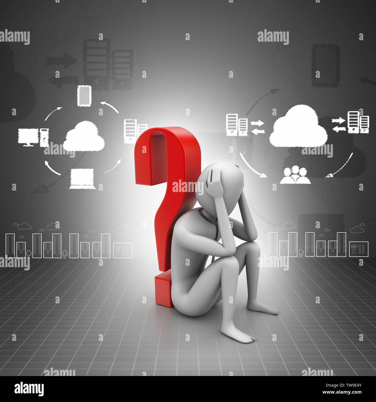 3d man sitting near the question mark Stock Photo - Alamy