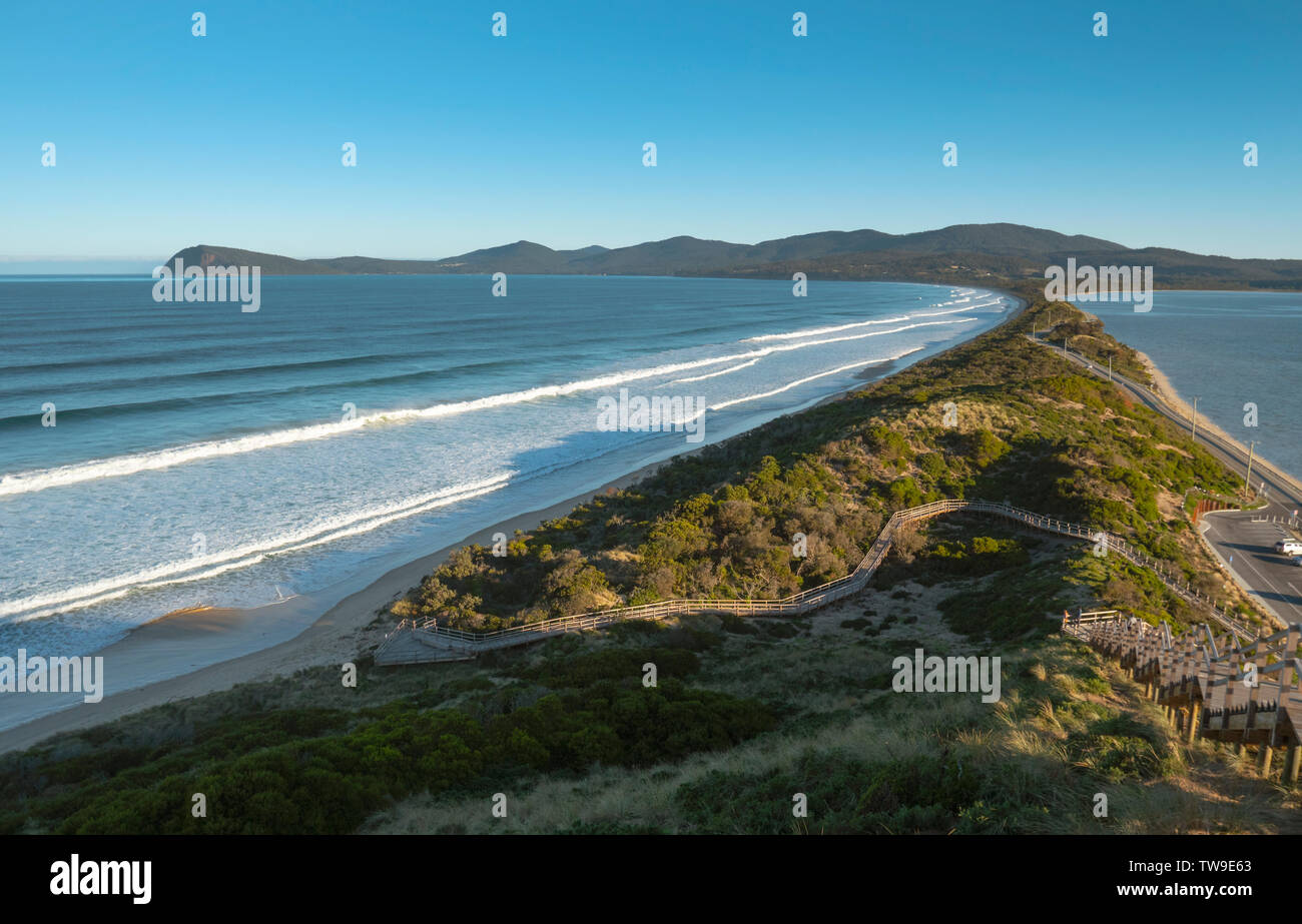 Bruny Island in Tasmania is a popular travel tourism destination. The Neck is a thin strip of land joining the north and south parts of the island. Stock Photo