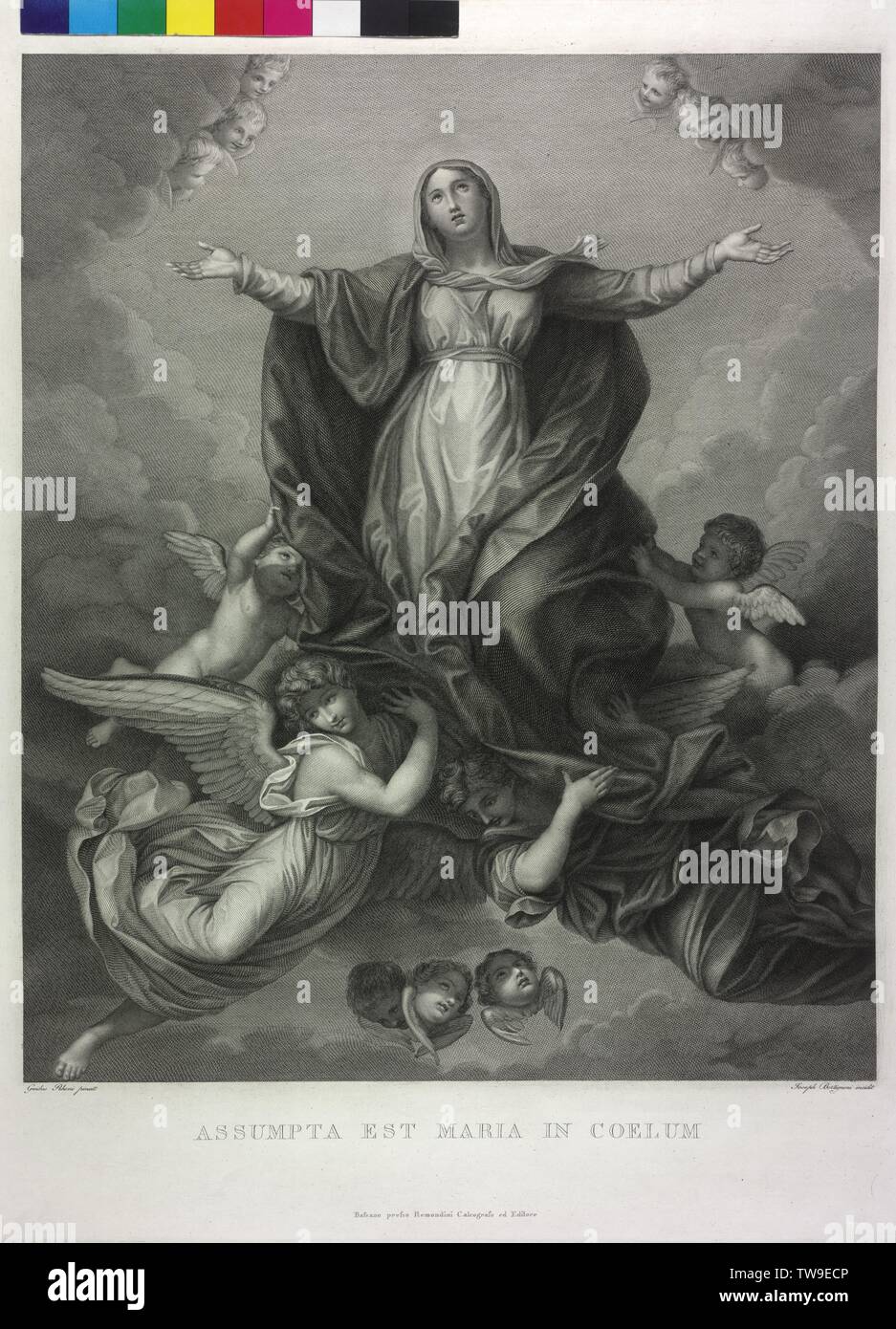 Assumption of the Blessed Virgin Mary, copper engraving by Giuseppe Bortignoni based on painting by Guido Reni from 1642 (old pinacotheca Munich), Additional-Rights-Clearance-Info-Not-Available Stock Photo