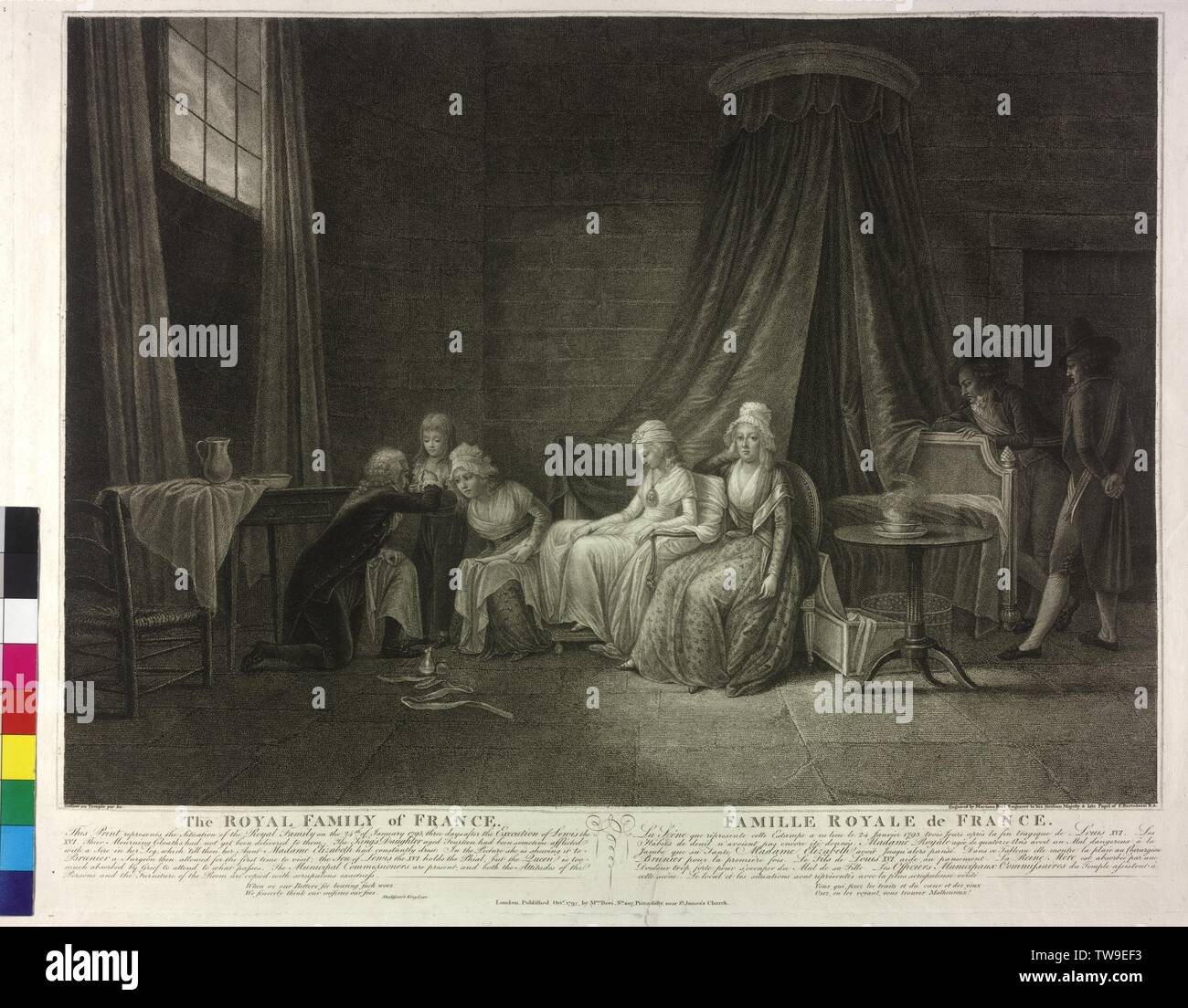 The Royal family of France after the execution of Louis XVI, etching / stippling by Mariano Bovi to Domenico Pellegrini (?), part of a sexpartite series 'A graphic history of Louis the sixteenth, and the royal family of France', The family of King Louis XVI is in the Paris temple in captivity, The King was in front of three hold a meeting put death, the surviving dependant hump but nor neither mourning dress, da hims this nor not carried was, in the middle of the sitting Marie Therese, the daughter of the Royal, you wearing of a locket with the p, Additional-Rights-Clearance-Info-Not-Available Stock Photo