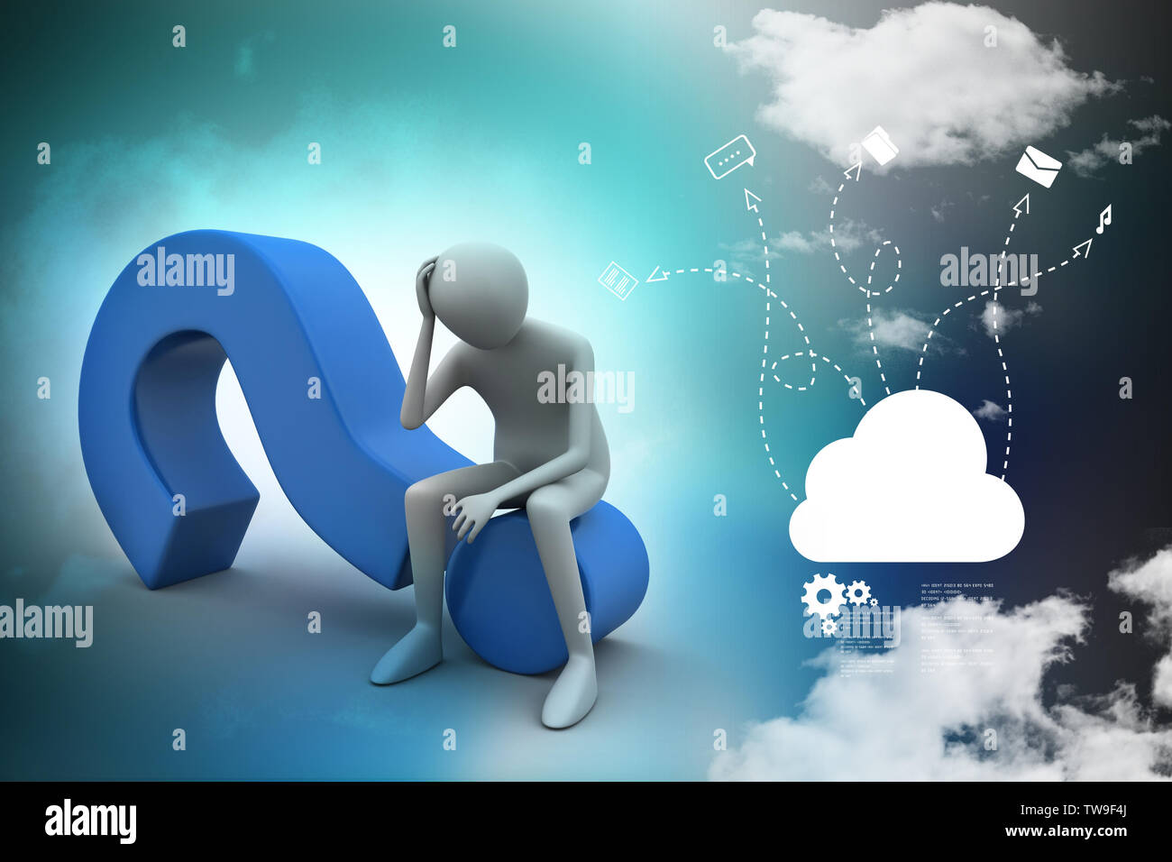 3d man sitting on the question mark Stock Photo - Alamy