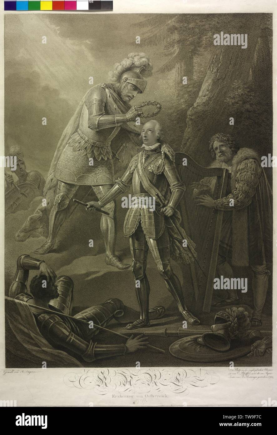 Karl Archduke of Austria, 1796, apotheosis: King Rudolf I of Habsburg crowned Archduke Karl. stipple engraving / aquatint by Karl Hermann Pfeiffer together with Anton Herzinger based on a painting by Henry Fueger. script engraved by Junker illustrated person key page Pk 3003, 461a, Additional-Rights-Clearance-Info-Not-Available Stock Photo