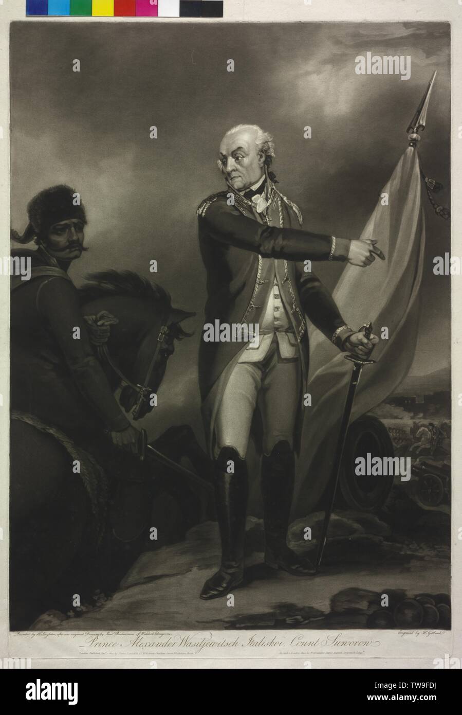 Suvorov, Vasilevic Aleksandr, painting by Henry singleton based on a drawing by Biskewnini, portrayed in a mezzotint by Haveill Gillbank, Additional-Rights-Clearance-Info-Not-Available Stock Photo
