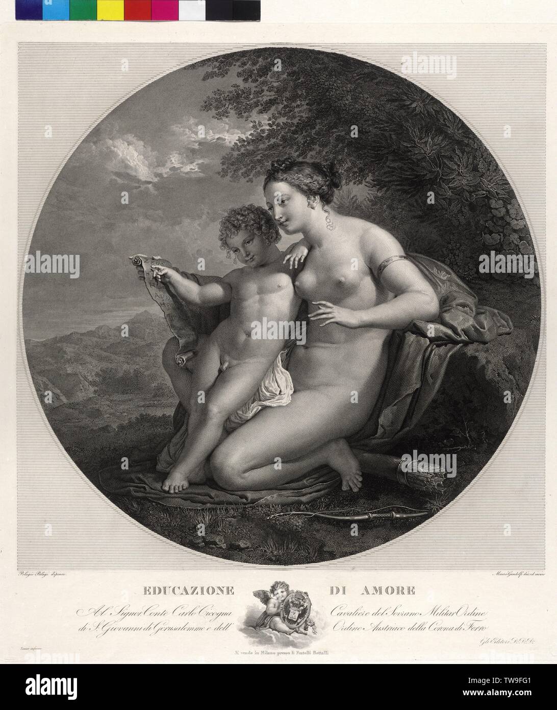 The education of Cupid (Venus as schoolmistress of Cupid), Venus crouching on the ground with Cupid. Venus teaching Cupid the reading, he is pointing on scroll, copper engraving by Mauro Gandolfo based on own drawing, based on painting by Pelagio Palagi dedication at Conte Carlo Cicogna, with coat of arms, Additional-Rights-Clearance-Info-Not-Available Stock Photo