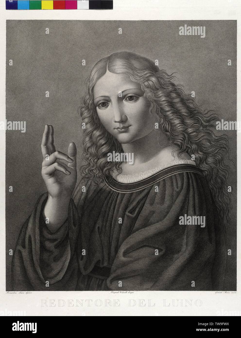 Christ the Saviour, half length of the juveniles Christ, the hand blessing ascertain copper engraving by Giacinto Maina based on painting by Bernardino Luini (Luino), based on drawing by Pasquale Vianelli, Additional-Rights-Clearance-Info-Not-Available Stock Photo