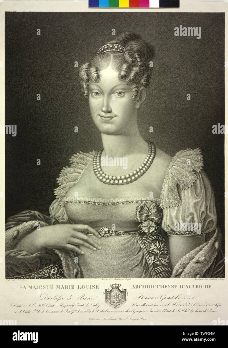 Maria Louisa, archduchess of Austria, stipple engraving by Luigi Rados based on a drawing by J. B. Bosio. coat of arms, Additional-Rights-Clearance-Info-Not-Available Stock Photo