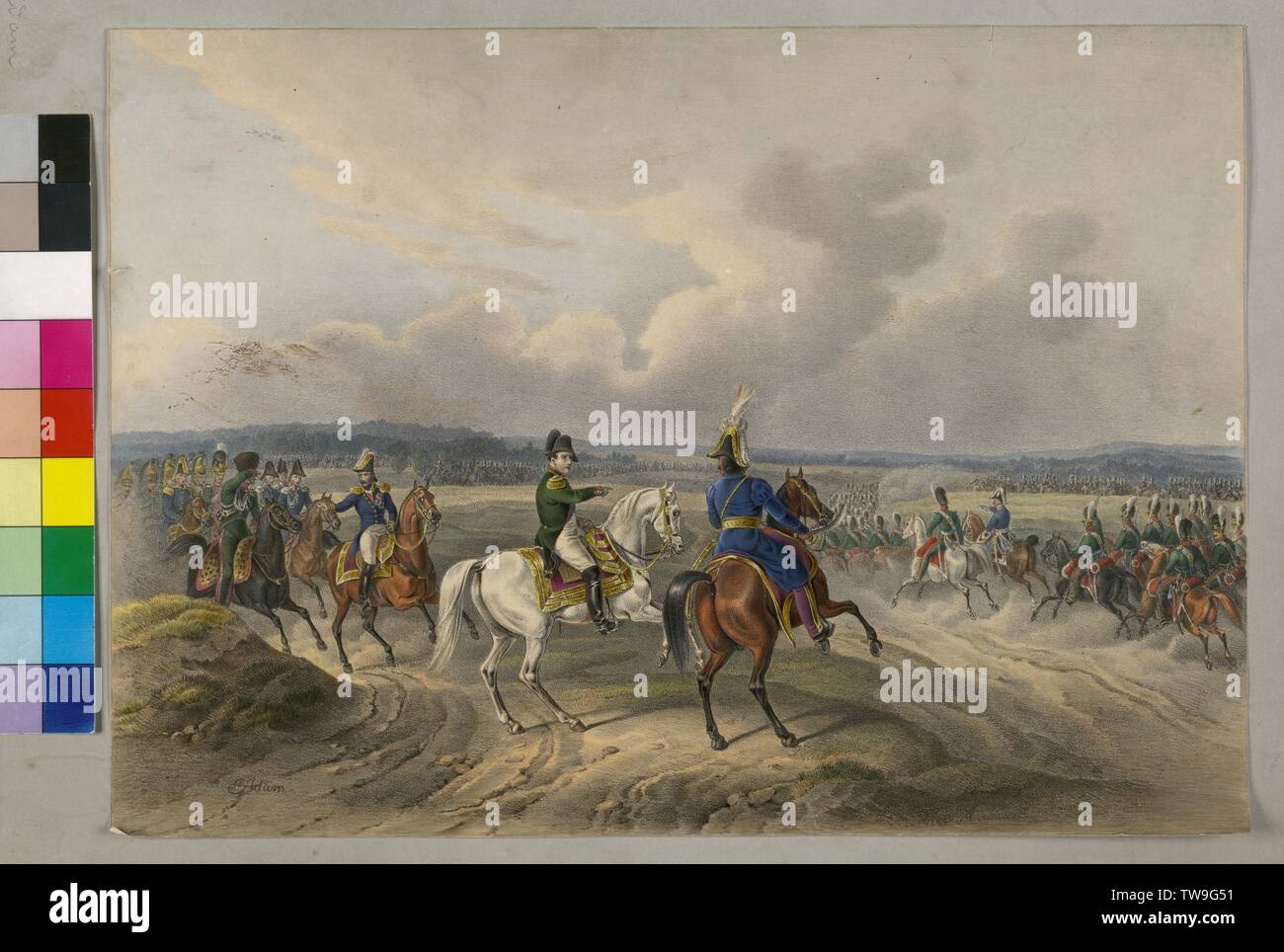 Napoleon I at the Duena, 1812, German Invasion of the Soviet Union 1812: Napoleon I Bonaparte, Emperor of the French, on 24.7.1812 together with Bavarian regiments at the Duena. coloured lithograph by Albrecht Adam, signed, circa 1812, Additional-Rights-Clearance-Info-Not-Available Stock Photo