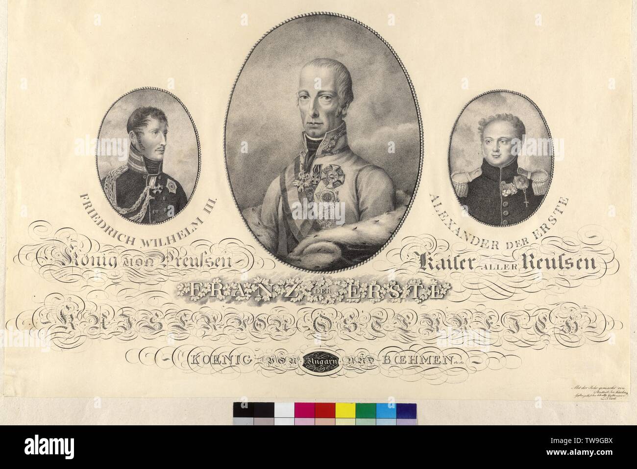 The three allies monarch, portrait of the since the war of liberations 1813 / 14 allies monarch: Franz I of Austria in the centre, flank von Frederick Wilhelm III of Prussia and Alexander I of Russia, pen drawing by Adalbert Joseph Kurka with calligraphic caption (title), Additional-Rights-Clearance-Info-Not-Available Stock Photo