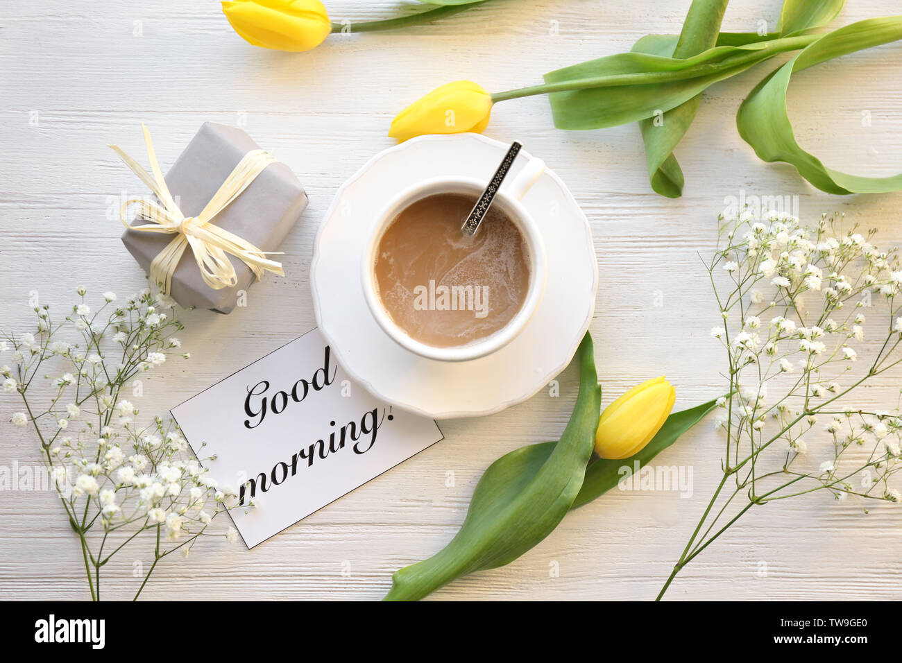 Cup Of Coffee For Breakfast Gift Flowers And Card With Words Good Morning On Table Top View Stock Photo Alamy