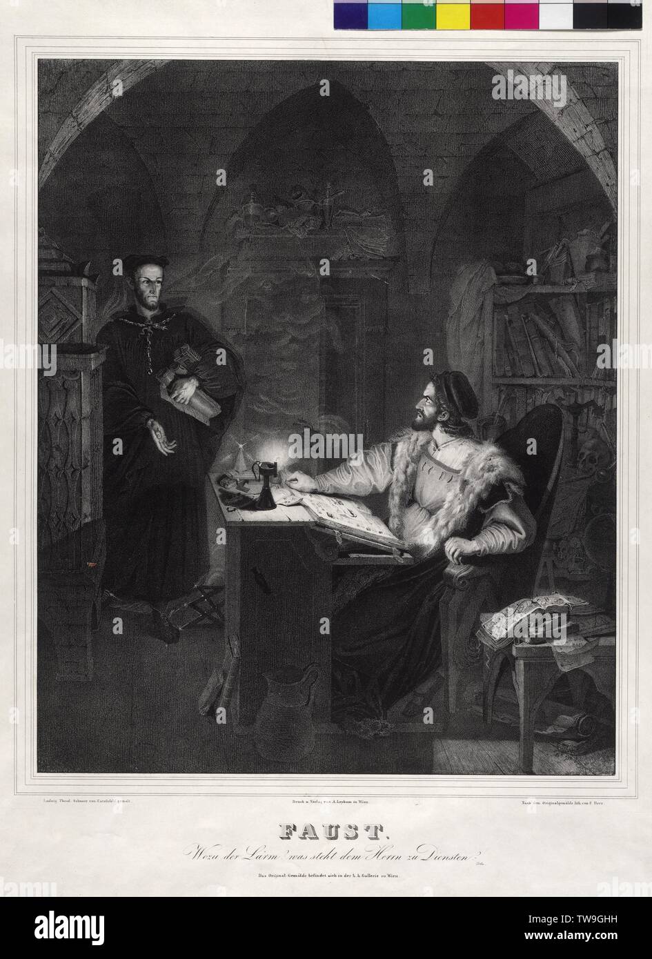 Faust and Mephistopheles, lithograph by Faustin Sir based on the painting 'Faust und Mephisto' (1821) von Ludwig Ferdinand. Schnorr from Carolsfeld, Additional-Rights-Clearance-Info-Not-Available Stock Photo