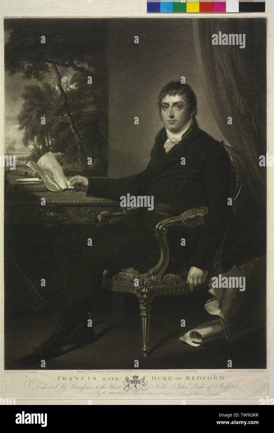 Russell, 5th Duke of Bedford, Francis, mezzotint by Samuel William Reynolds based on a painting by John Raphael Smith. coat of arms, Additional-Rights-Clearance-Info-Not-Available Stock Photo