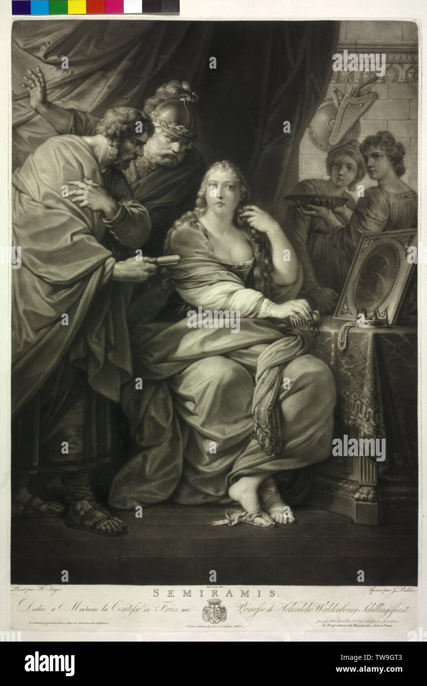 Semiramis, Queen of Assyria, Semiramis conserve the news by spoilage of a province. mezzotint by Johann Peter Pichler based on a painting by Henry Frederick Fueger. Vienna, 1803, Additional-Rights-Clearance-Info-Not-Available Stock Photo