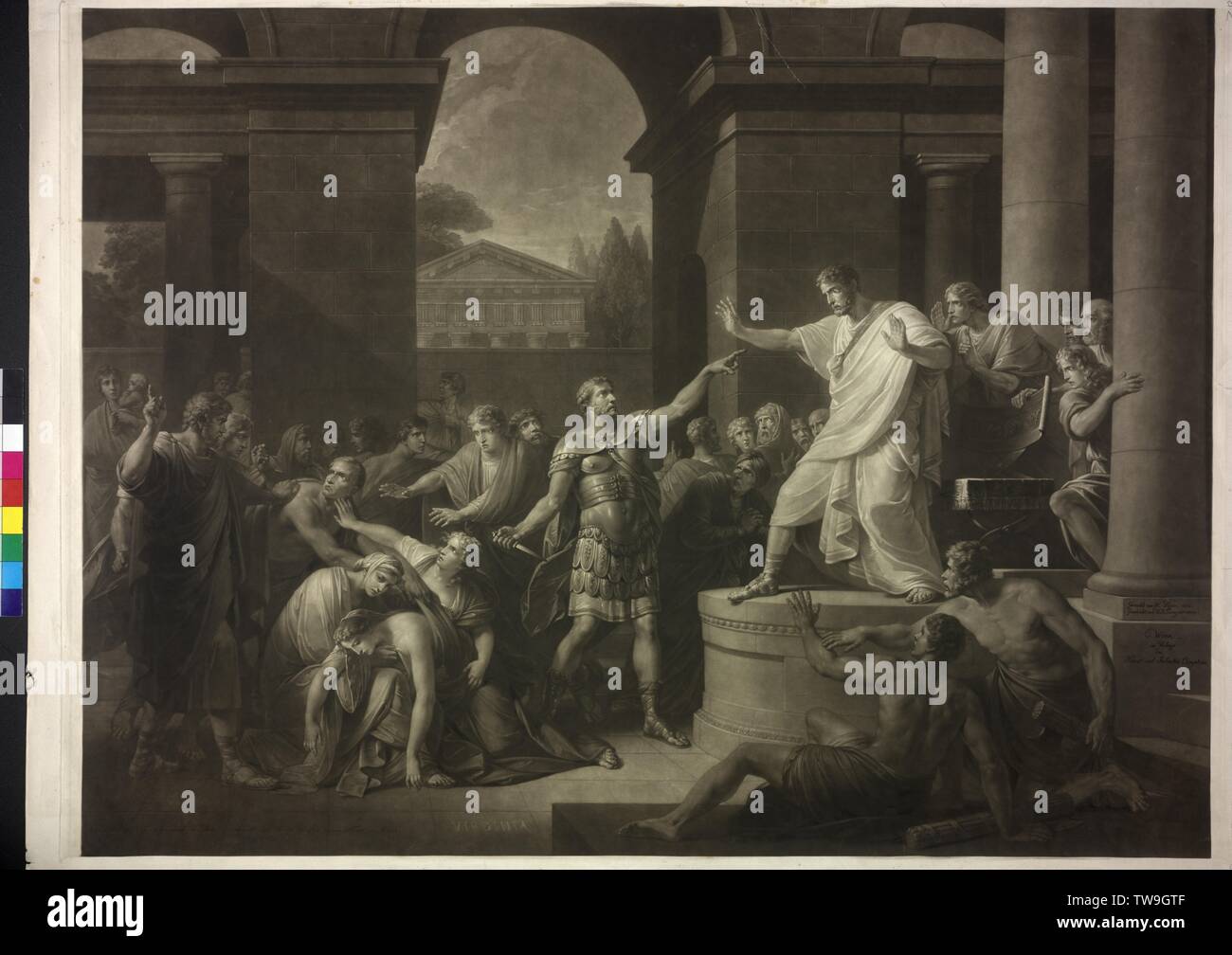 death of the Virginia, The Roman Virginia is killed by her father Virginius in front of the Banks of the Decemvirs Appius Claudius, (to Livy, Roman story, III, 44.58), mezzotint by Vincenz Kiniger 1804 based on painting by Henry Fueger from 1800, in the publishing house of the Kunst- and Industrie-Comptoir, Additional-Rights-Clearance-Info-Not-Available Stock Photo