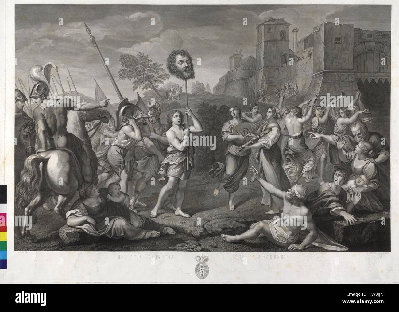 triumph of the David, scene from the Old Testament, 1st book Samuel, 54: David jerk have success with the head of the humongous Goliath on a rod to Jerusalem and is there from nation and musician receiving. squire is he soldiers, the helmet, the lance and the greaves from Goliath barrows copper engraving by Paolo Caronni based on painting by Domenico Zampieri, gene. Domenichino condition in front of dedication at prince Clemens Lothar Wenzel Metternich, however with his coat of arms, Additional-Rights-Clearance-Info-Not-Available Stock Photo