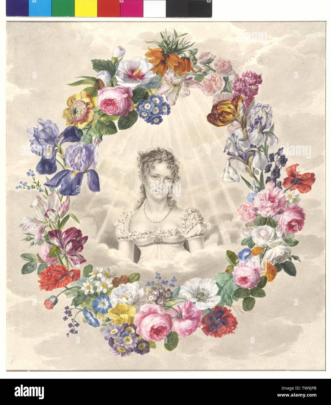 empress Caroline Auguste in the wreath, Huldigungsblatt at at the empress, Portrait of the empress based on a engraving by Blaise Hoefel, surround by of a Kranz flowers. watercolour, highlights in opaque white von Johann Henry Henning, the sheet 1827 in a private audience at Emperor Franz surrender on the reverse side designate: J. H. Hennig / Hofprak, Additional-Rights-Clearance-Info-Not-Available Stock Photo