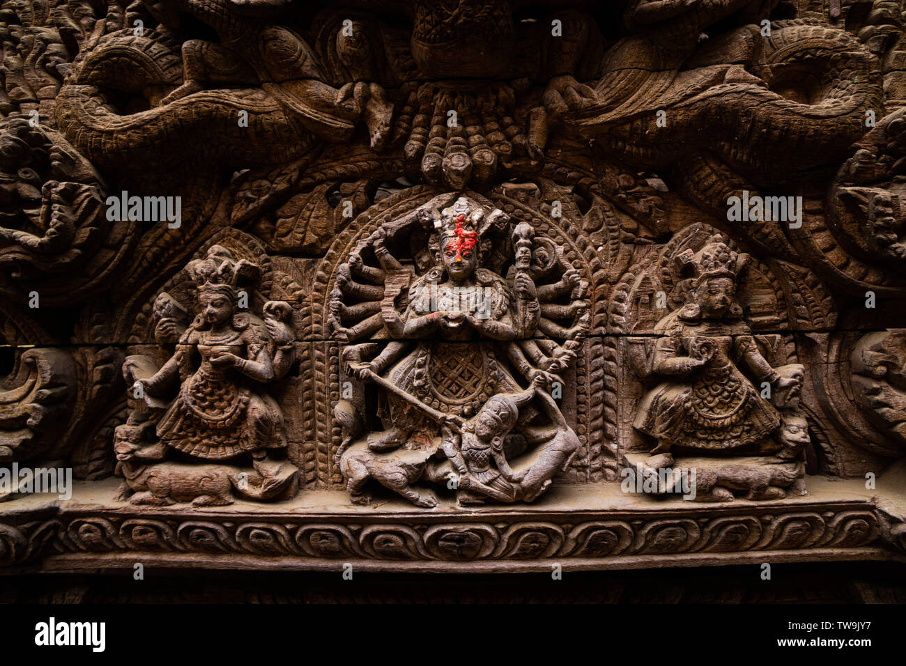 Ornate wood carvings in Durbar Square, Patan, Kathmandu,Nepal Stock Photo