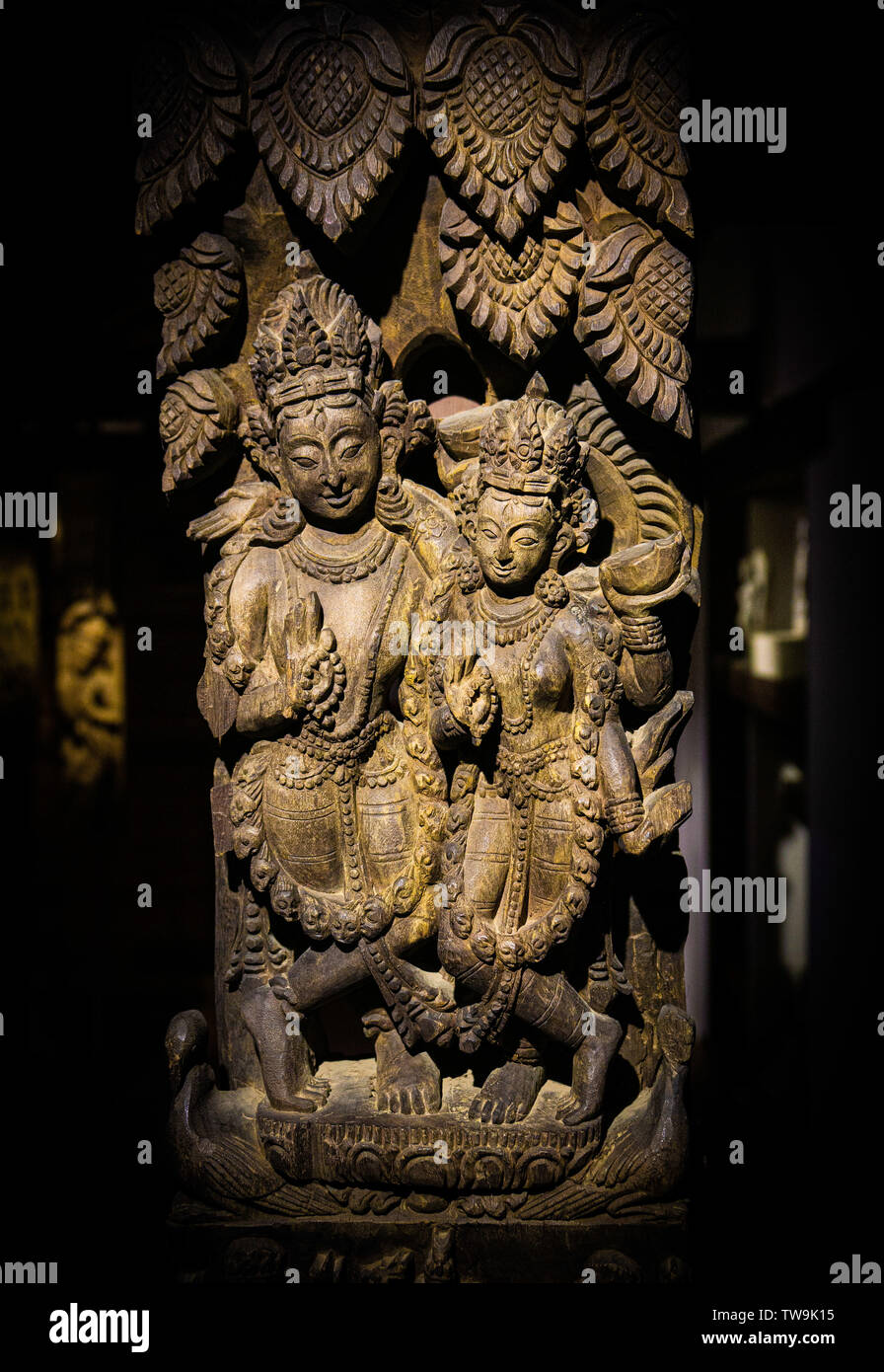 Ornate and ancient wood carvings at the museum in Durbar Square, Patan, Kathmandu,Nepal Stock Photo