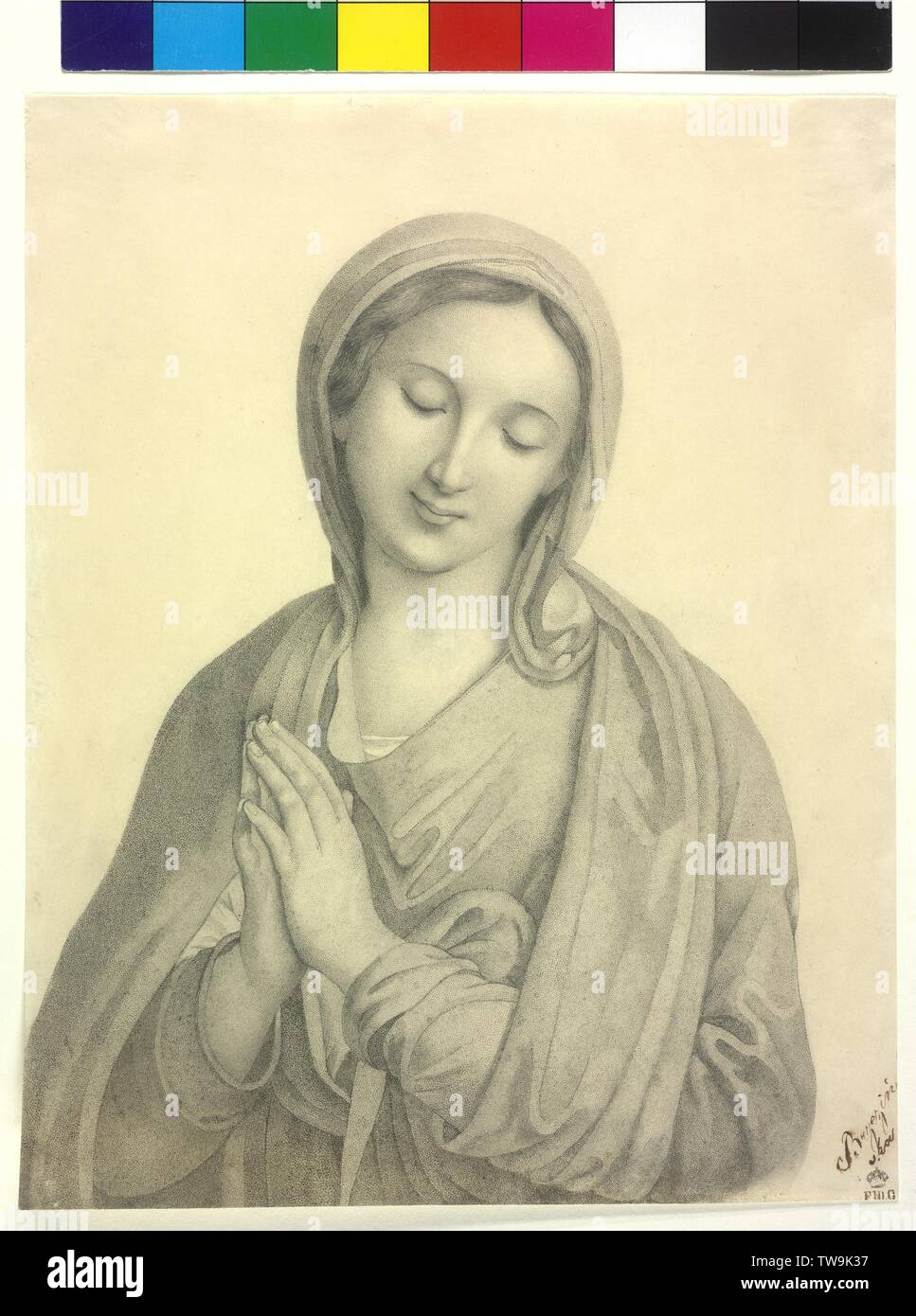 prayer Madonna, half length of the sanctify Mary with lower view and folded hands pencil drawing (consist from noisy score) von Brzezinska (?), on the right at the bottom signed 'Brzezinska' and congregation temple, drawing kettle hole contingently graphic in stippling or lithograph impersonate, Additional-Rights-Clearance-Info-Not-Available Stock Photo