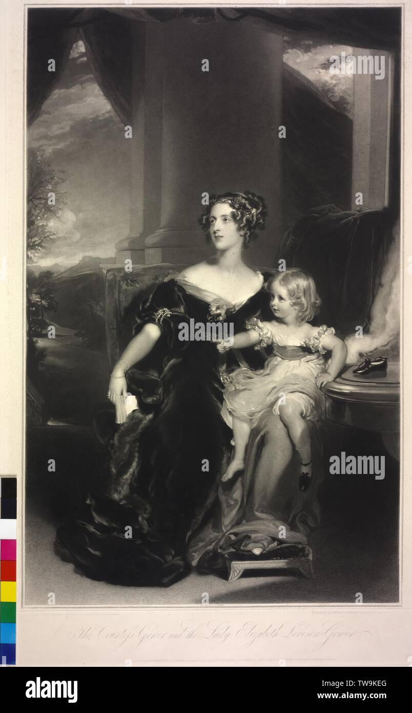 lady harriet Elizabeth Georgiana Howard and her daughter lady Elizabeth Georgiana Leveson-Gower, mezzotint / mixed technique by Samuel cousins based on a painting by Thomas Lawrence, Additional-Rights-Clearance-Info-Not-Available Stock Photo