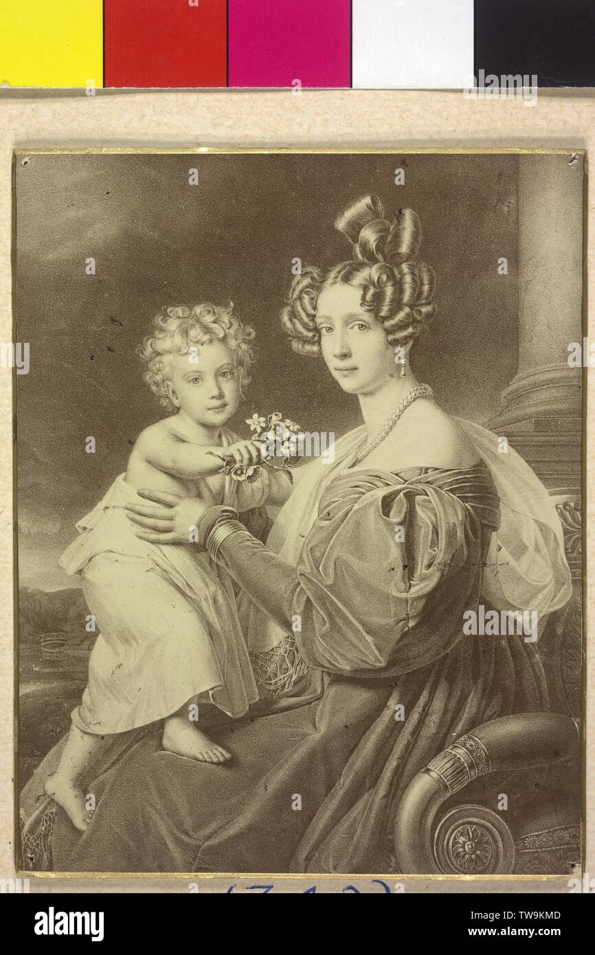 Franz Joseph I, Emperor of Austria, children image. Franz Joseph at lap of his mother archduchess Sophie. photo reproduction based on a graphic reproduction based on template of the painting by Joseph Karl Stieler (1832), Additional-Rights-Clearance-Info-Not-Available Stock Photo