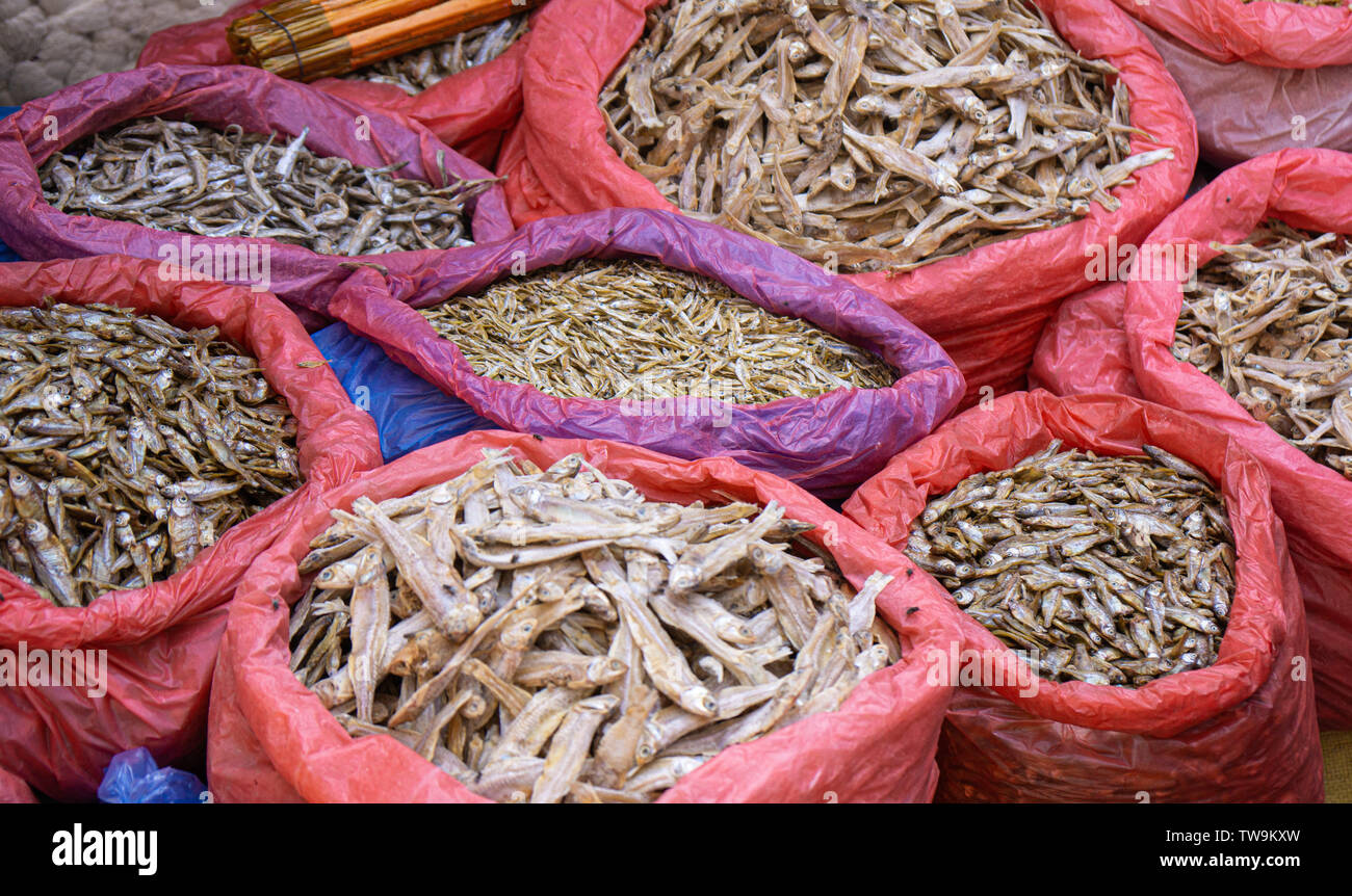 Dried fish in a market, Kathmandu,Nepal Stock Photo