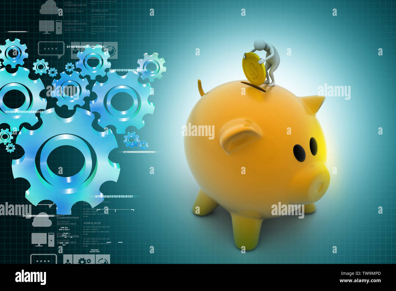 Business man put coin into piggy bank Stock Photo - Alamy