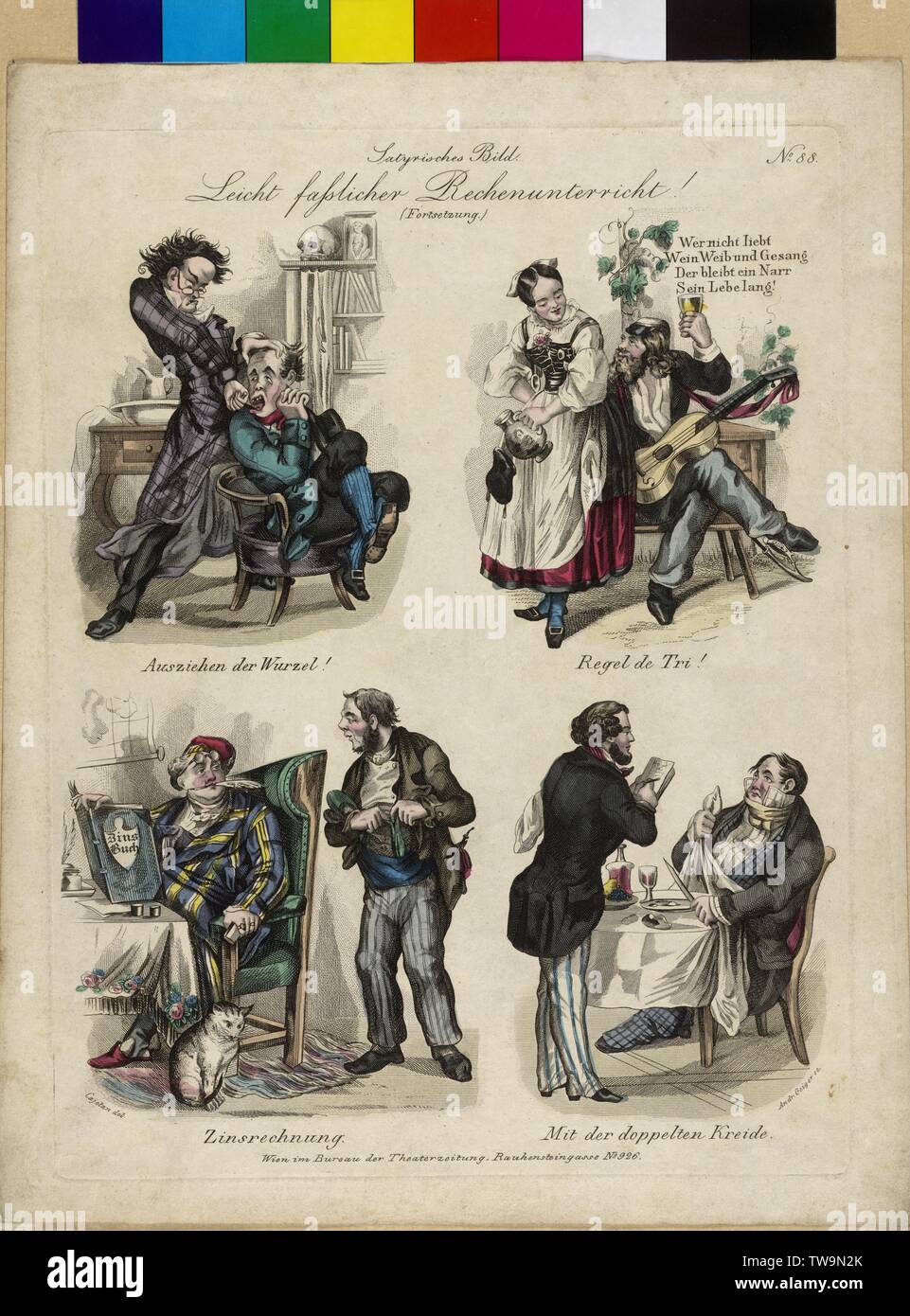 Cajetan, Joseph, satiric drawings by J. Cajetan, portrayed in a colour cast by Andreas Geiger, from 'Baeuerles Theaterzeitung' (um 1840)', 'Satyrisches Bild. Leicht fasslicher Rechnen!' No 88. (sequel.), left top: 'Ausziehen der Wurzel!', right top: 'Regel de Tri!', left at the bottom: 'Zinsrechnung.', right at the bottom: 'Mit der doppelten kreide.', Additional-Rights-Clearance-Info-Not-Available Stock Photo