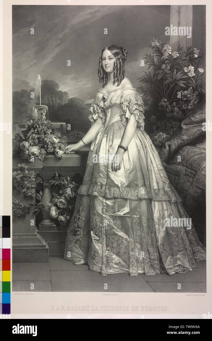 Victoria, princess of Saxe-Coburg-Gotha, picture (whole figure, standing, three-quarters profile from the left), lithograph by Henri Grevedon 1843, based on a painting by Franz Xavier Winterhalter 1840. print worker or publisher Lemercier, Additional-Rights-Clearance-Info-Not-Available Stock Photo