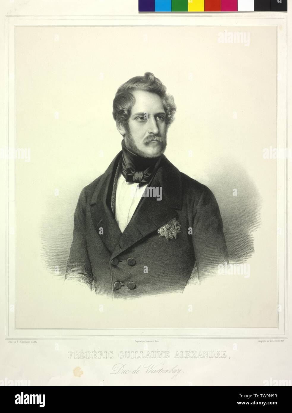 Alexander, Duke of Wuerttemberg, picture (half length, three-quarters profile from the right), lithograph by Alphonse Leon Noel 1843 based on a painting by Franz Xavier Winterhalter 1839. print worker or publisher Lemercier, Paris, Additional-Rights-Clearance-Info-Not-Available Stock Photo