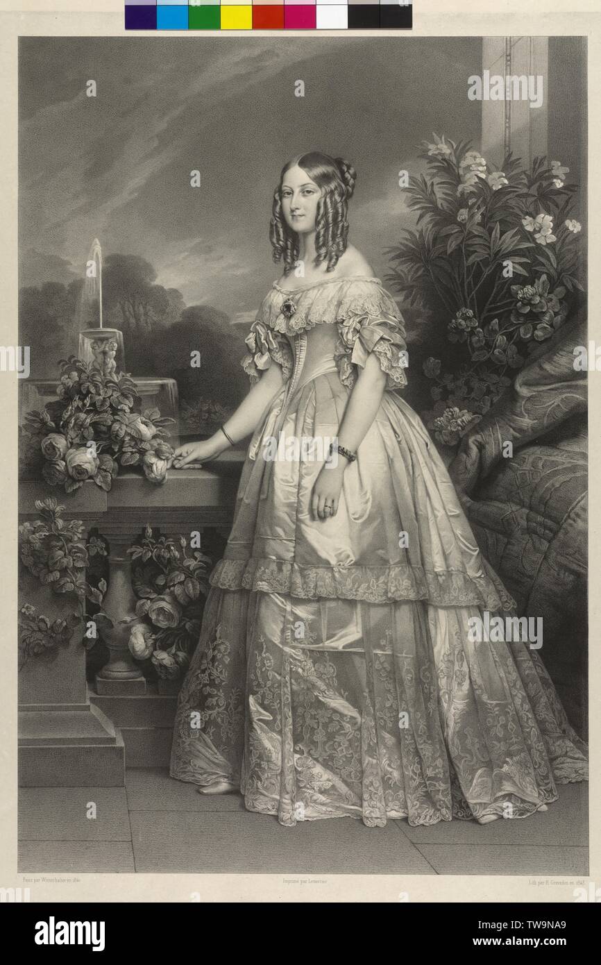 Victoria, princess of Saxe-Coburg-Gotha, picture (whole figure, standing, three-quarters profile from the left), lithograph by Henri Grevedon 1843, based on a painting by Franz Xavier Winterhalter 1840. print worker or publisher Lemercier, Additional-Rights-Clearance-Info-Not-Available Stock Photo
