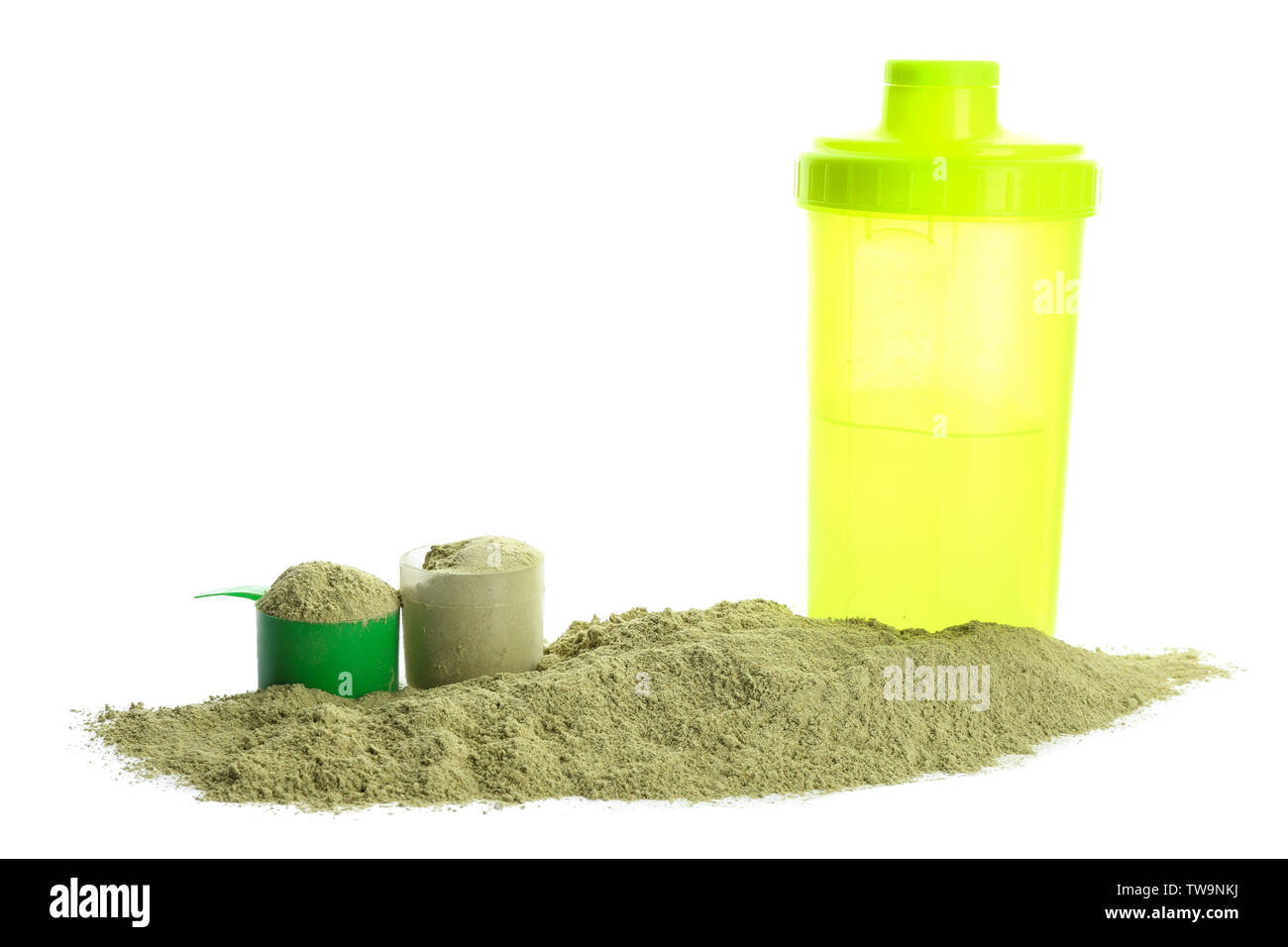 Measuring scoops with protein powder and bottle on white background