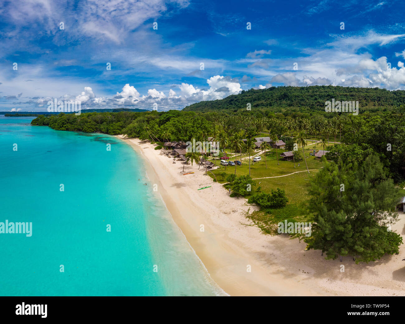 Amazing Port Orly sandy beach with palm trees, Espiritu Santo Island, Vanuatu. Stock Photo