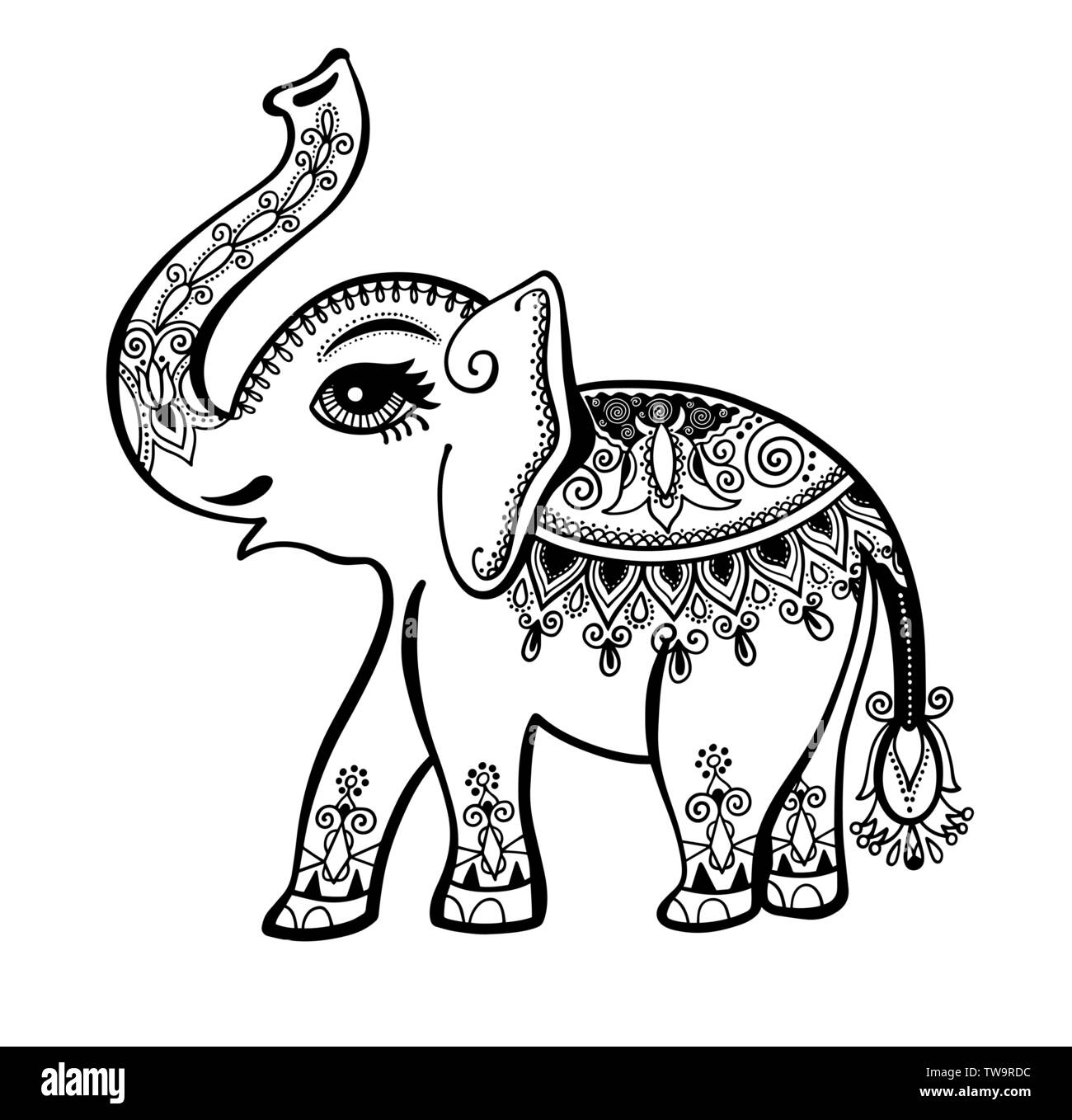 elephant painted tribal ornament, indian vintage graphic ethnic elephant tattoo Stock Vector