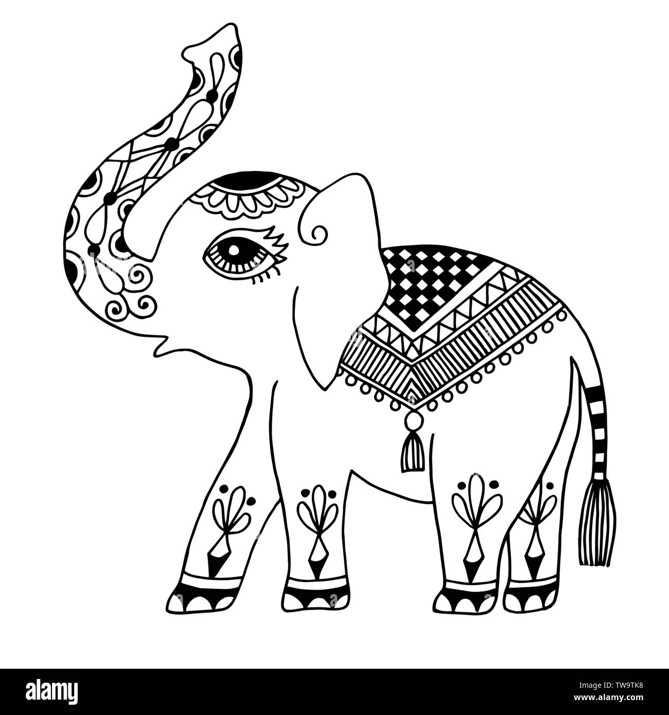 elephant painted tribal ornament, indian vintage graphic ethnic elephant tattoo Stock Vector