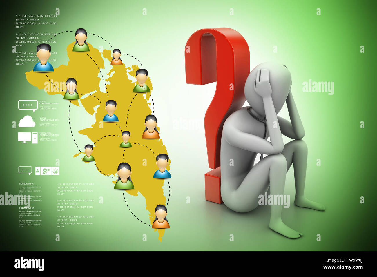 3d man sitting near the question mark Stock Photo - Alamy
