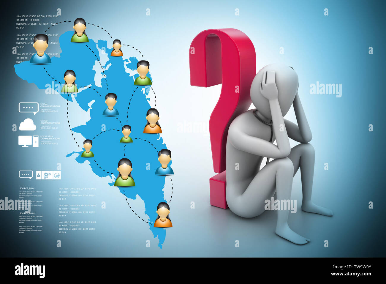 3d man sitting near the question mark Stock Photo - Alamy