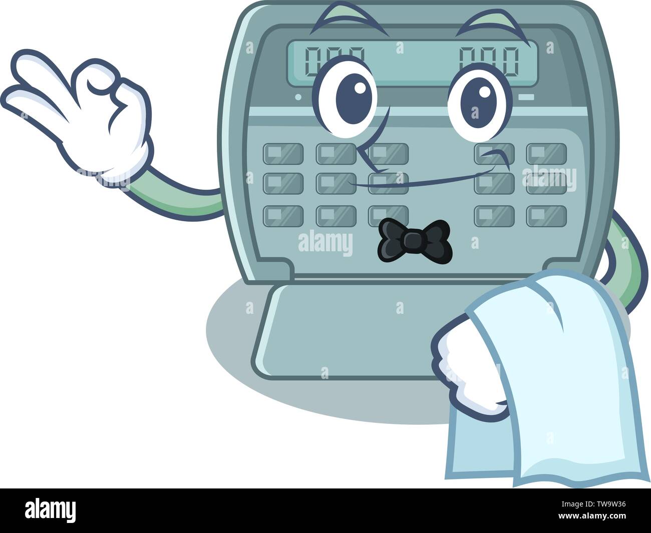 Waiter security alarm sticks on character wall Stock Vector