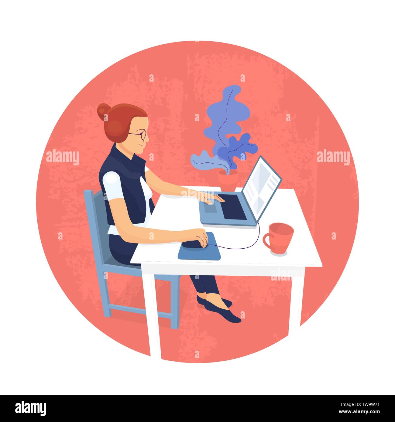 Flat style girl designer is sitting at desk and working with laptop ...